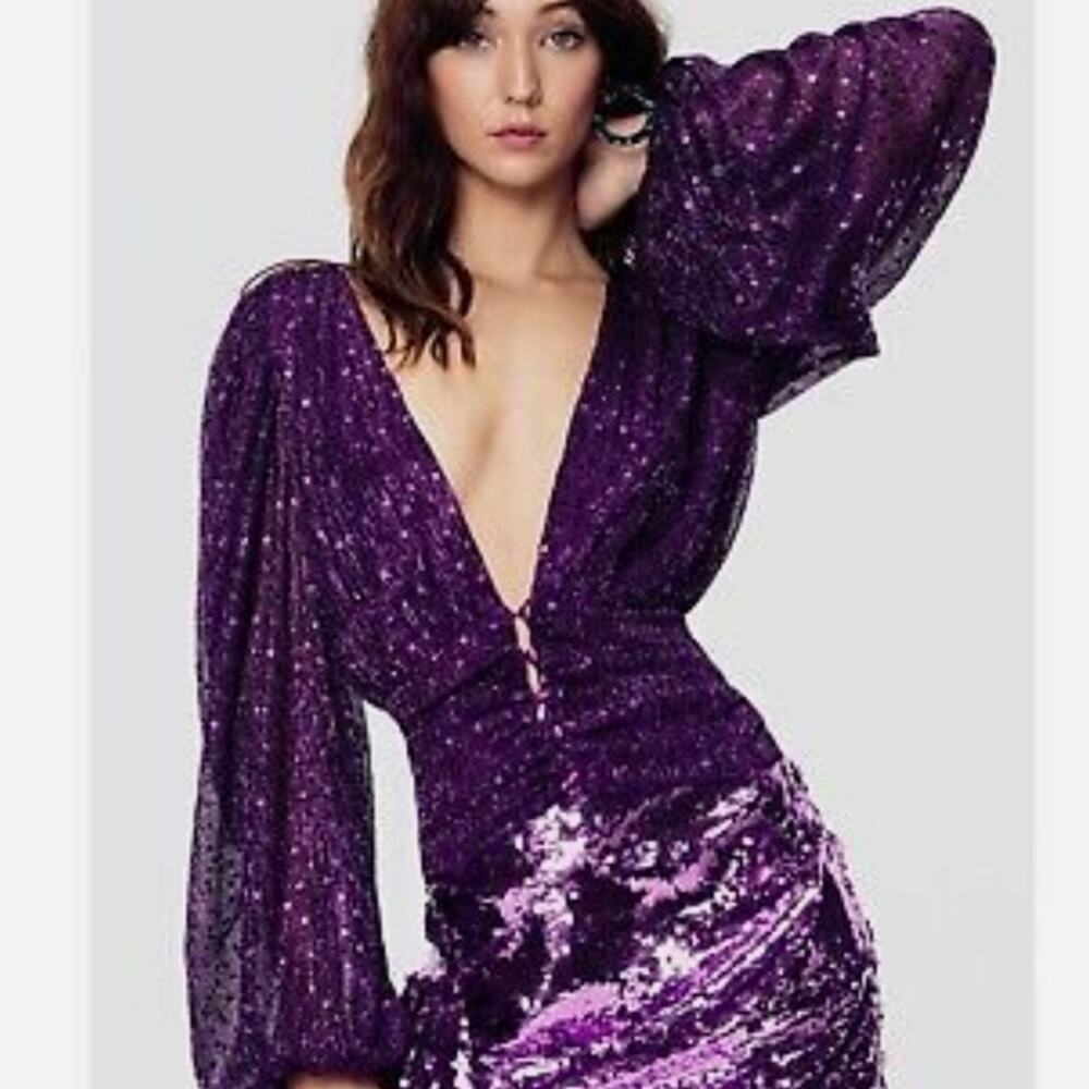 For Love & Lemons La Villette Blouse Dark Violet Metallic Sheer Crop Top NWT XS